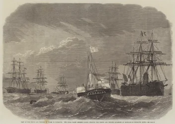 Visit of the Prince and Princess of Wales to Plymouth, the Royal Yacht Osborne Passing Through the French and English Squadrons of Ironclads in Plymouth Sound